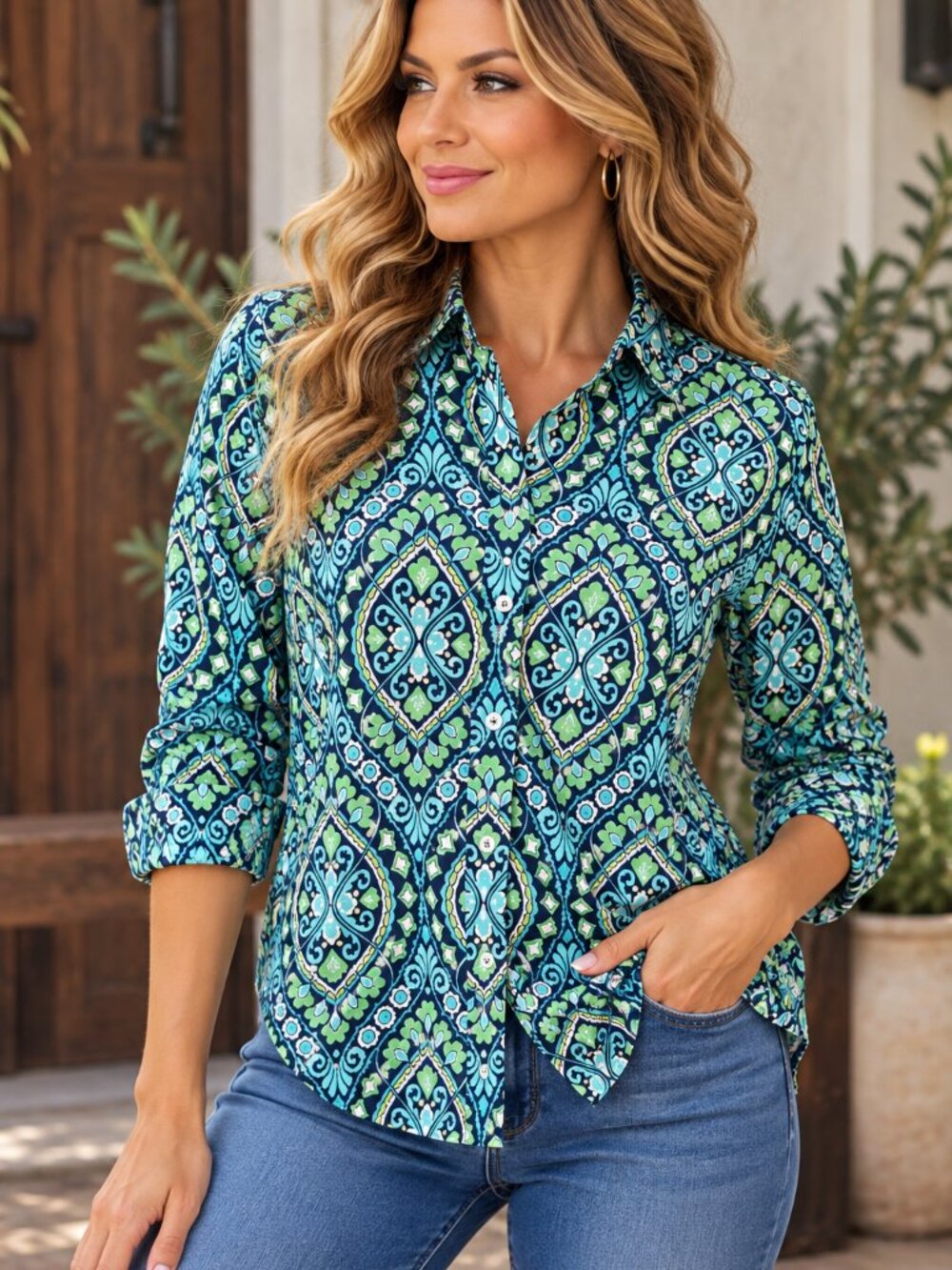 Talbots LP Navy Blue Green Medallion Geometric Button Down Preppy Boho Blouse